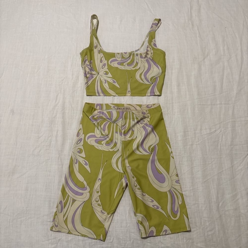 Green and Purple Patterned Crop Top and Shorts Set
